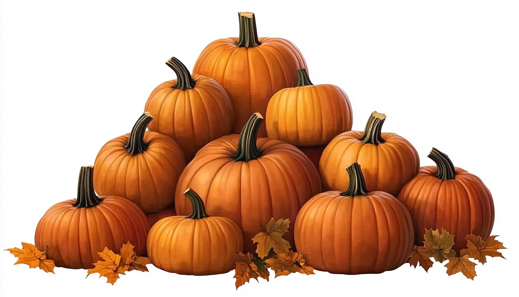 A cluster of orange pumpkins arranged in a pyramid shape with autumn leaves at the base photo