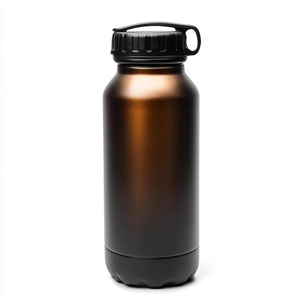 A brown and black metal water bottle with a black lid isolated on a white background photo