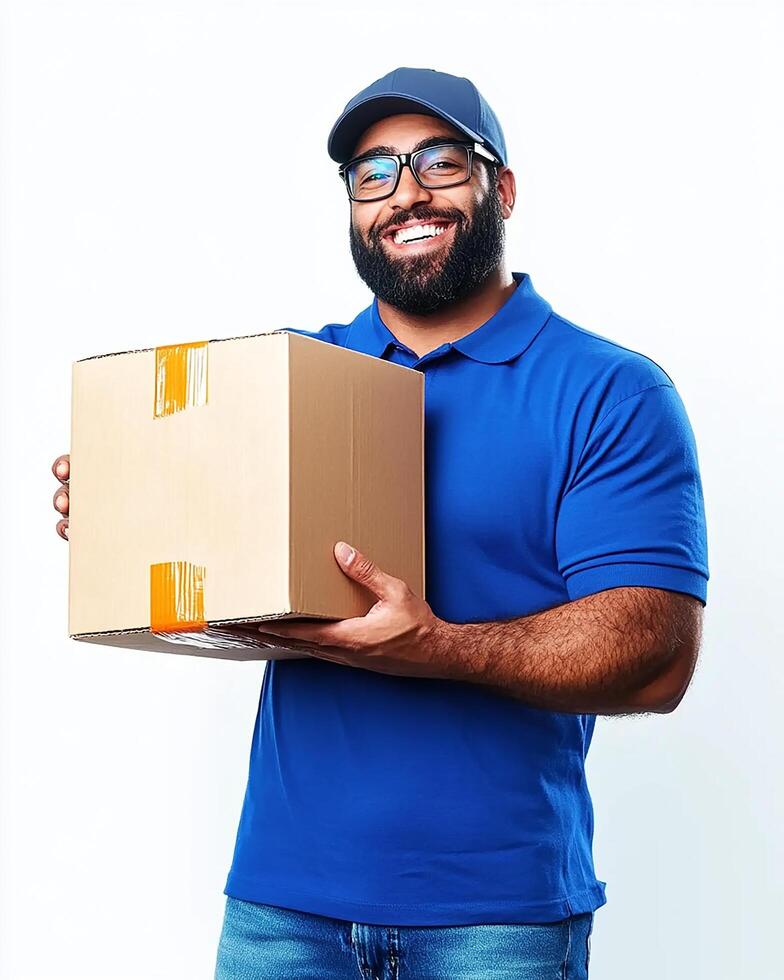 Man with beard and glasses wearing a blue shirt and cap holding a cardboard box smiling photo