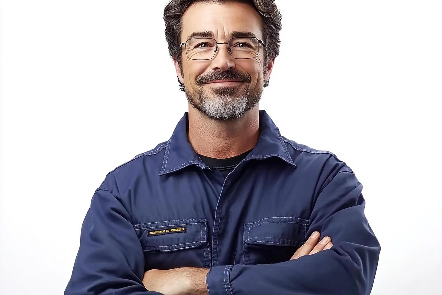 Portrait of a smiling man with glasses and a beard wearing a blue work shirt with arms crossed photo