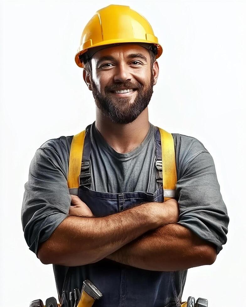 A smiling construction worker with arms crossed wearing a yellow hard hat and overalls suit photo