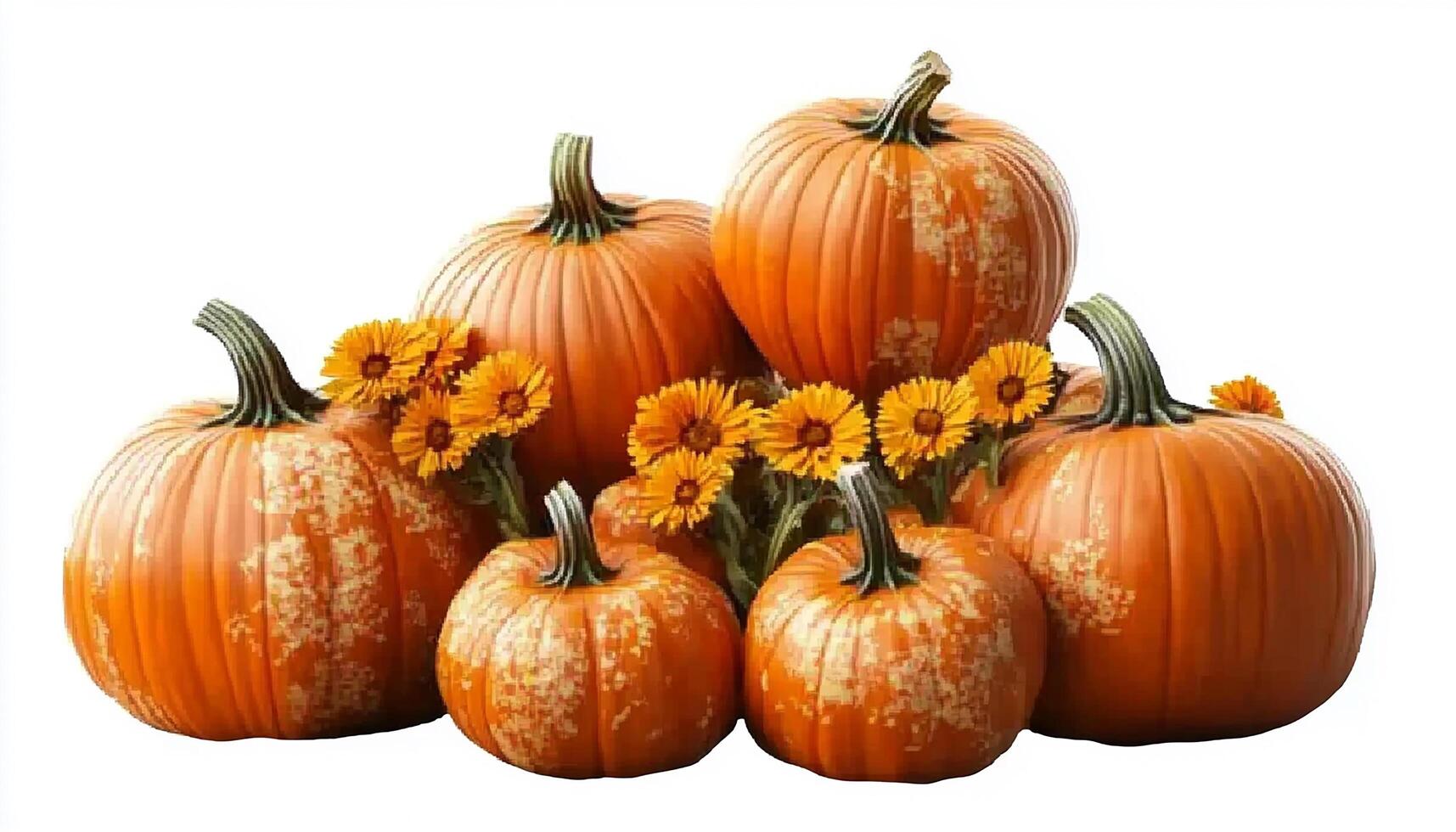 A group of pumpkins with orange flowers arranged together on a white isolated background photo