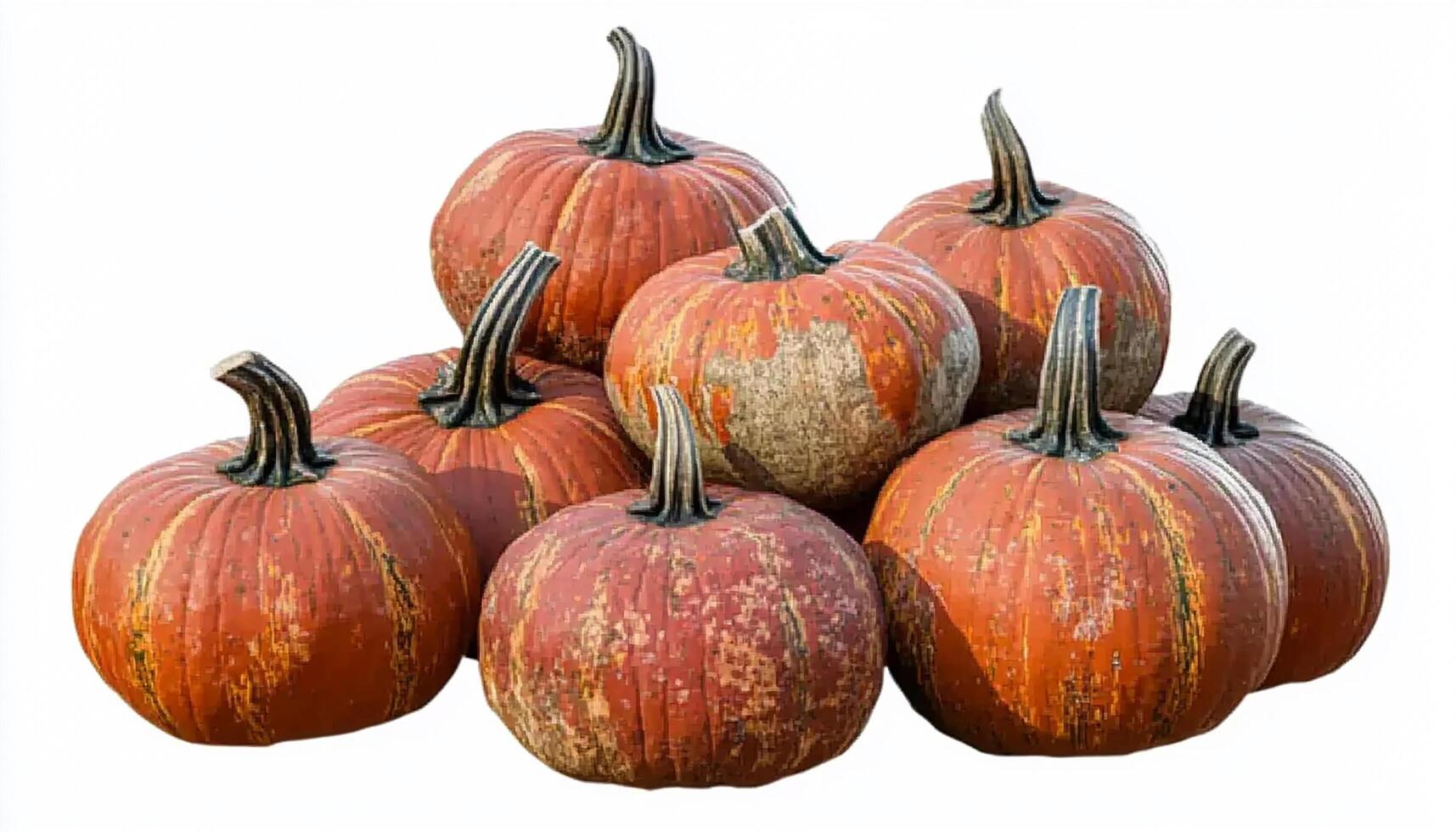 A group of eight pumpkins with brown stems and orange skin on a white background isolated shot photo