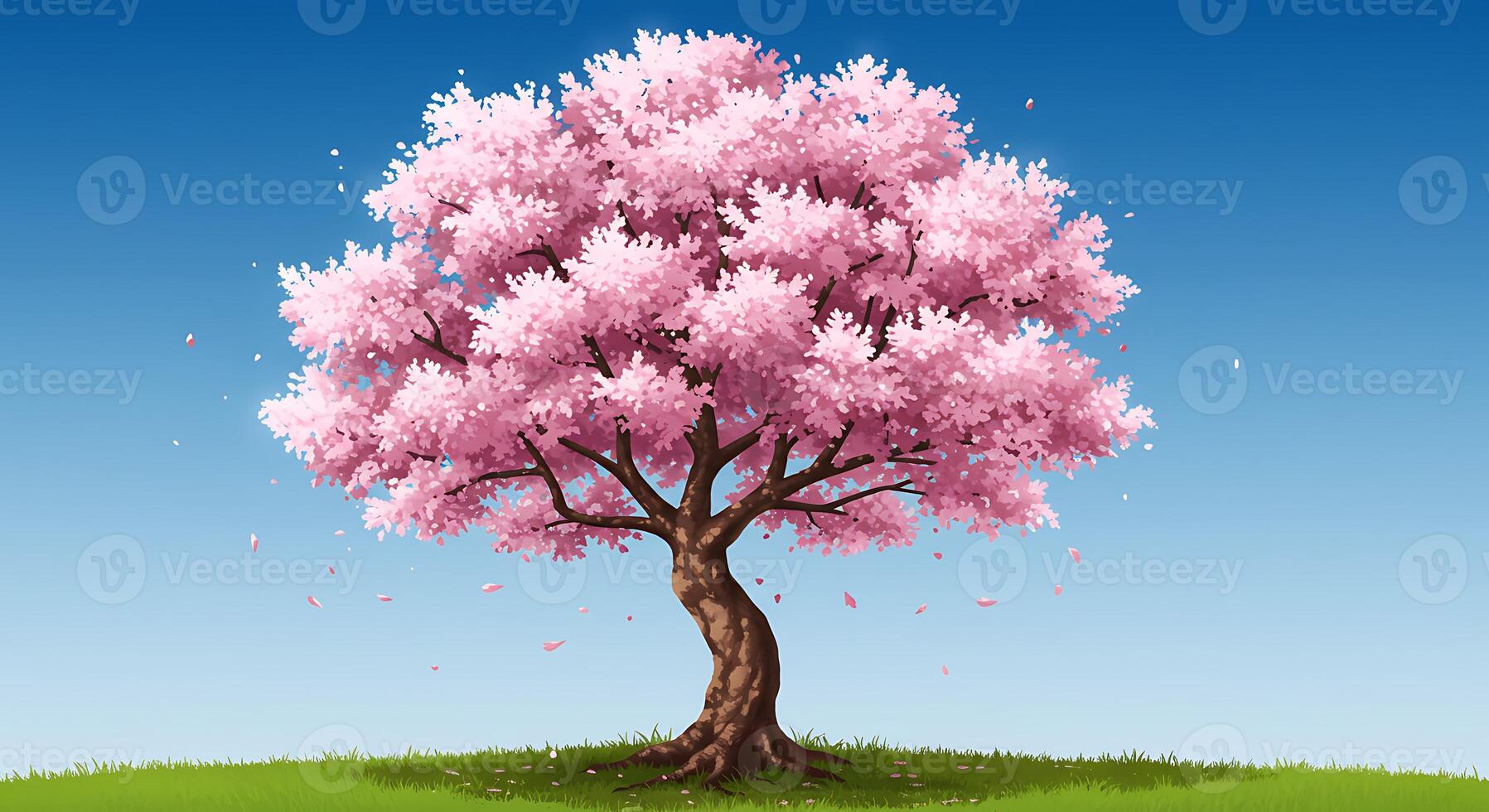 A pink tree with leaves on it in the grass photo