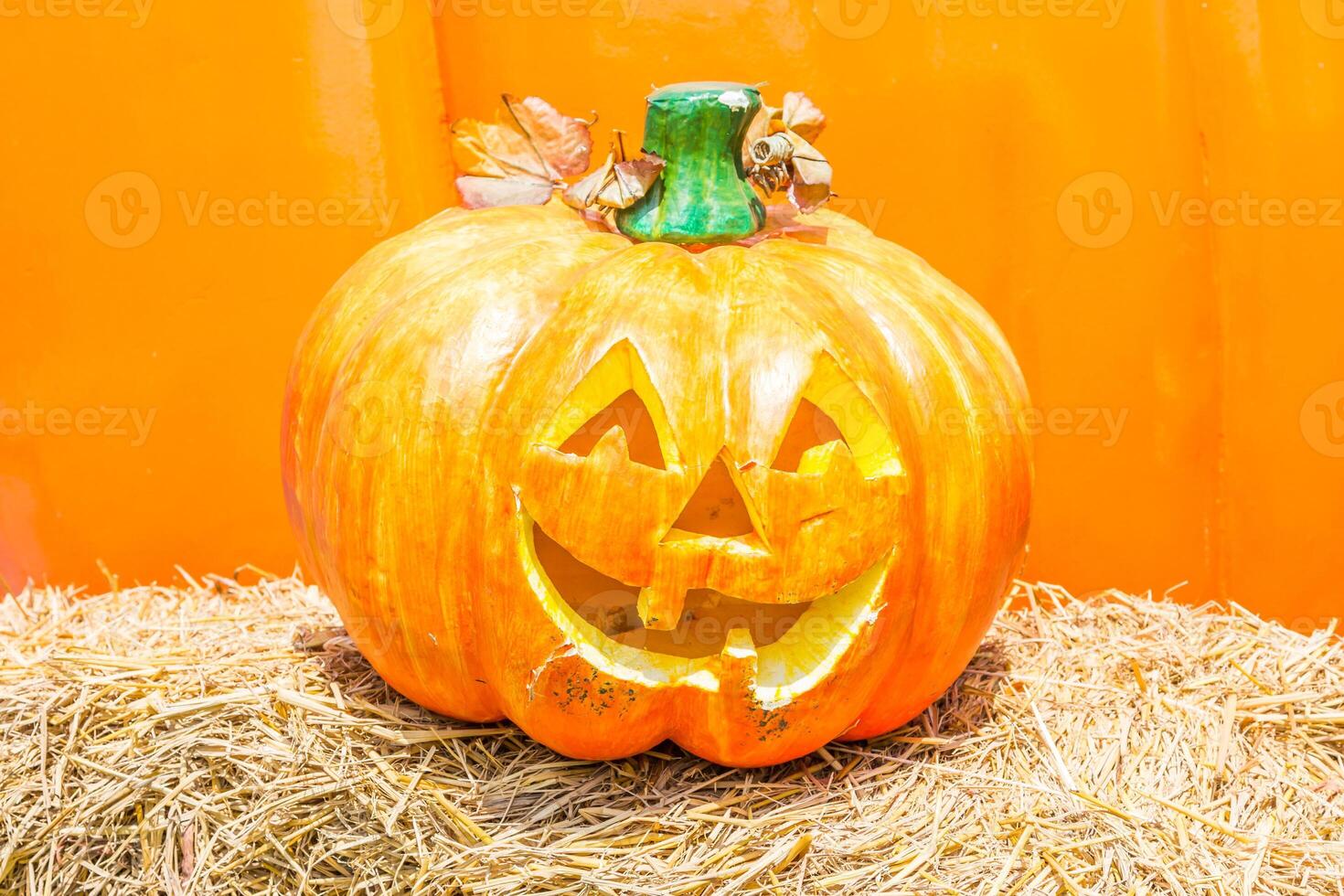 A pumpkin sitting on hay photo