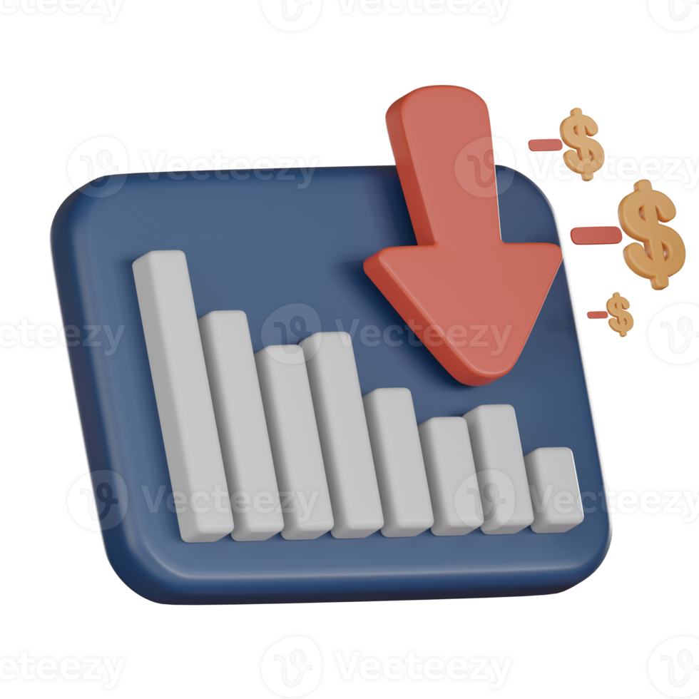 3D Investment icon concept. Bar chart with downward arrow minus dollar png