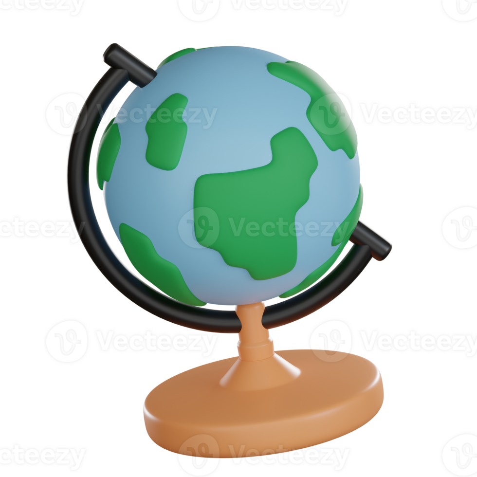 Education 3D icon illustration, Colorful globe on a stand showcasing continents and oceans. png