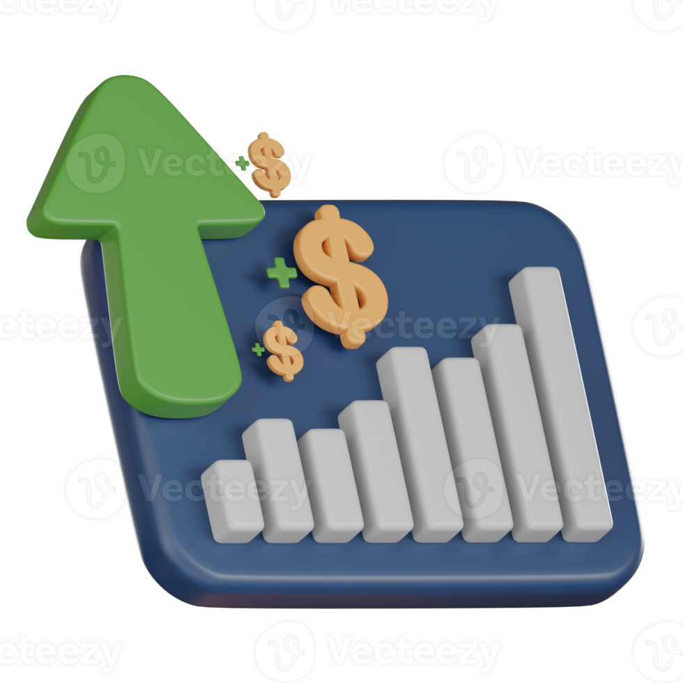3D Investment icon concept. Bar chart with upward arrow plush dollars png