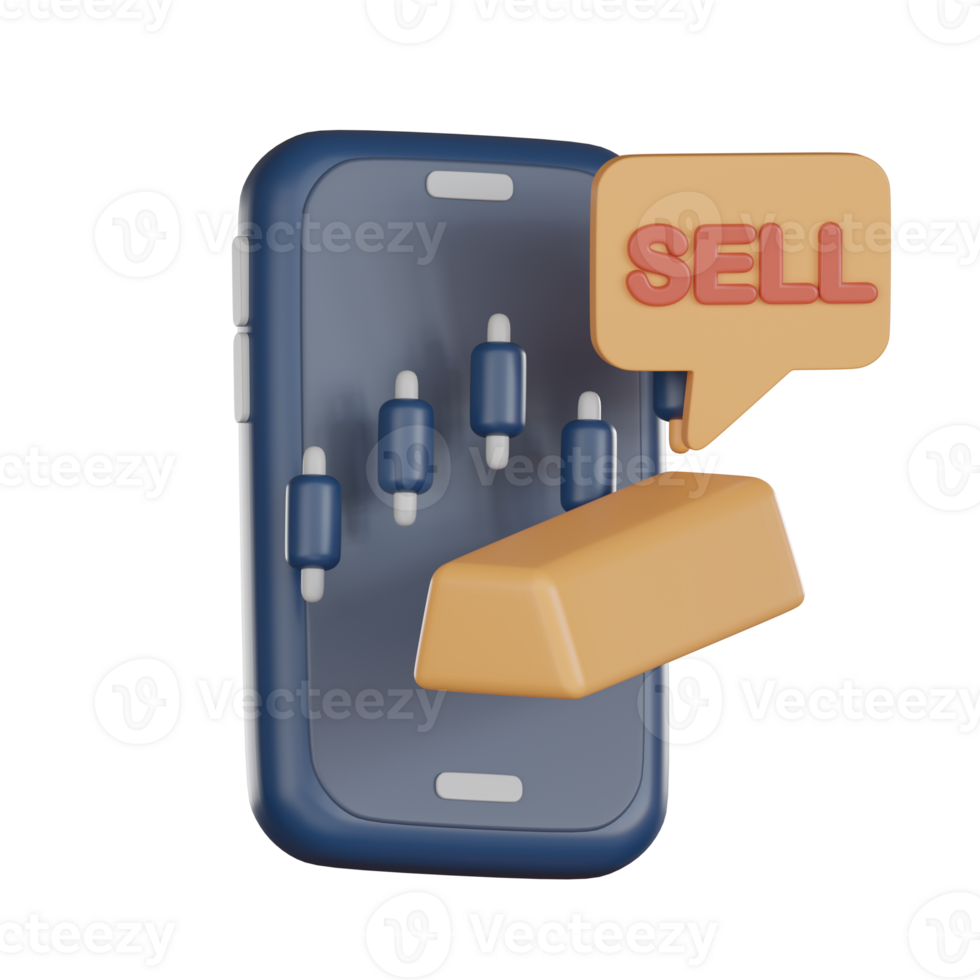 3D Investment icon concept. Mobile phone with stock Gold bars chart for sell png