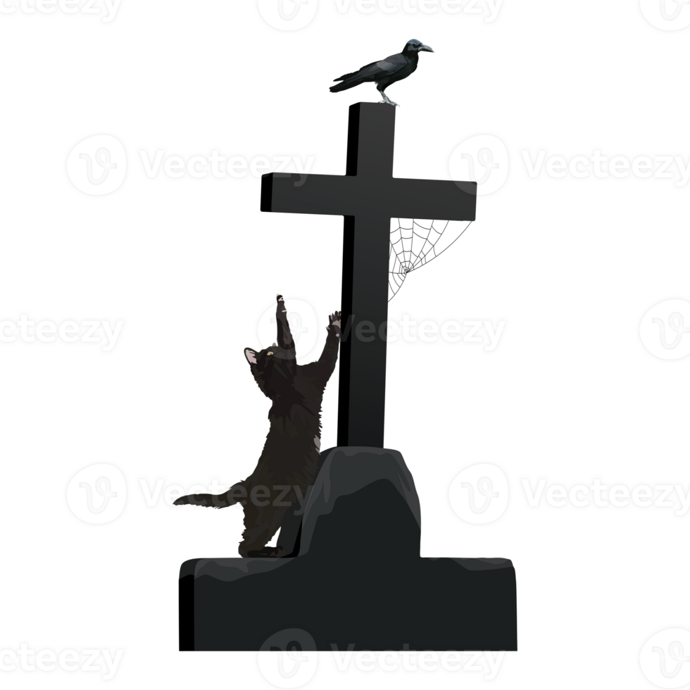 Silhouette black cat tries to climb up and catch a crow that is perched on the top of the old cross of a grave which has spider webs clinging isolated illustration. png