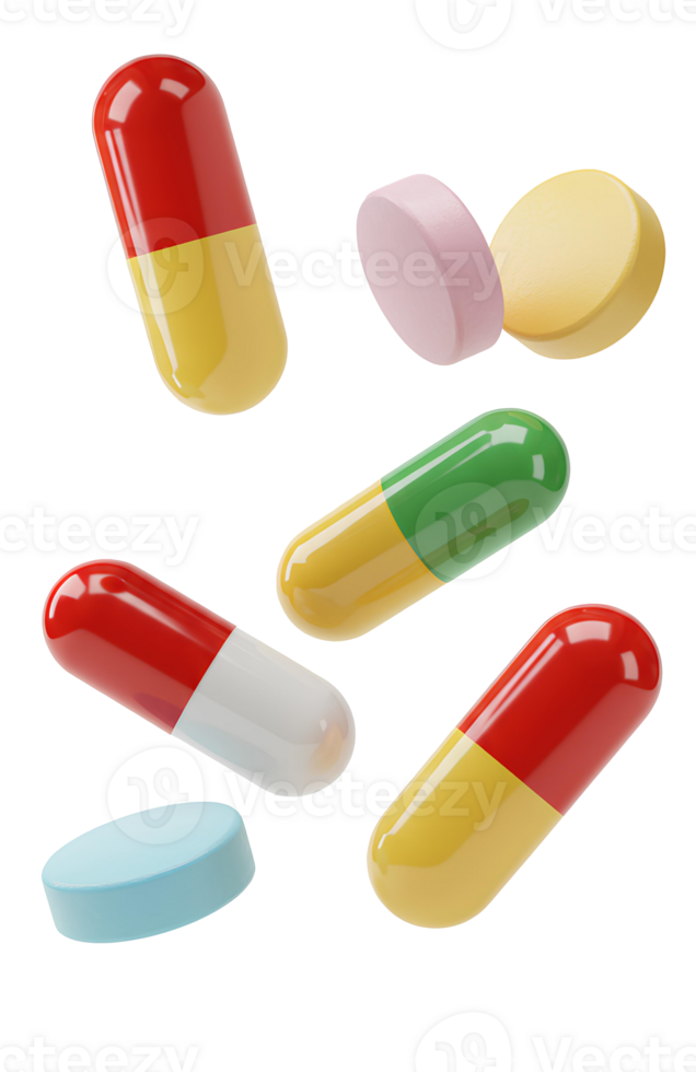 pills falling down . Colorful pills flying isolated for healthcare visuals, pharmaceutical ads, and medicine related content. Assorted pills and capsules flying in mid air for medical purposes png