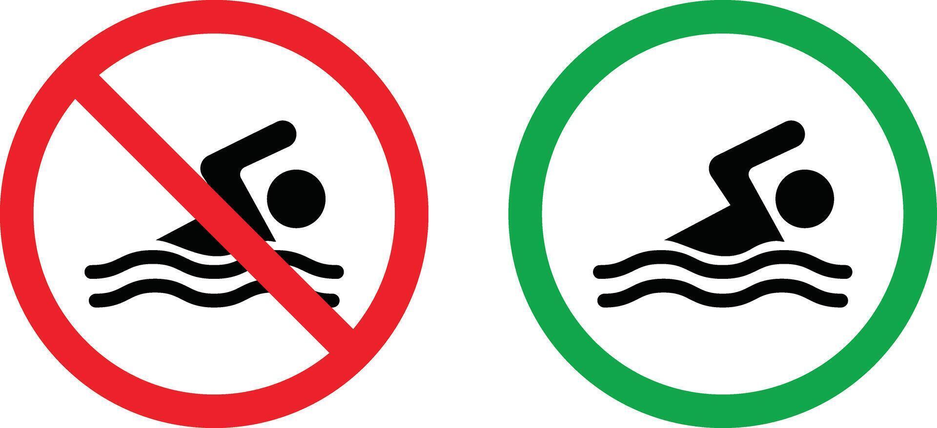 Swimming area and no swimming signs in red and green colors isolated on white background. Swim zone icon and swimming not allowed icon . design in trendy style vector