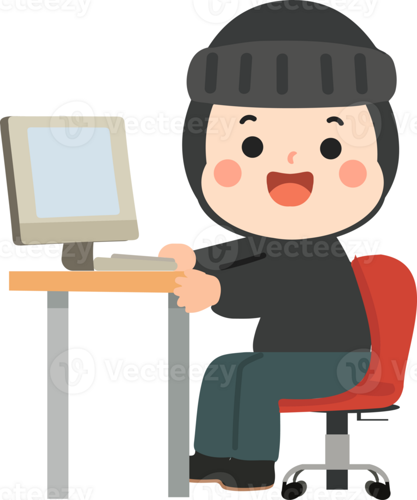 A cartoon person sitting at a desk with a computer png