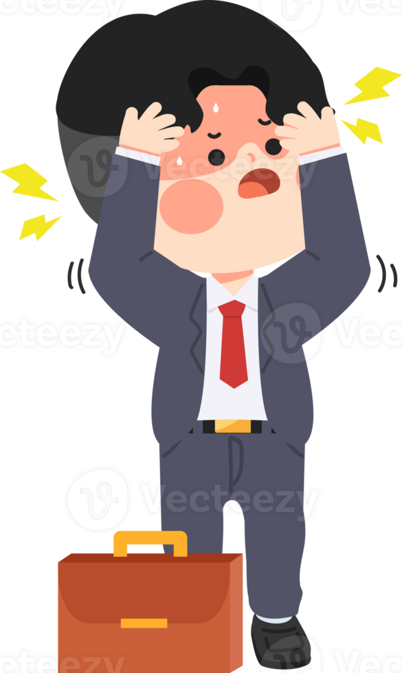 A cartoon man in a suit holding his head png