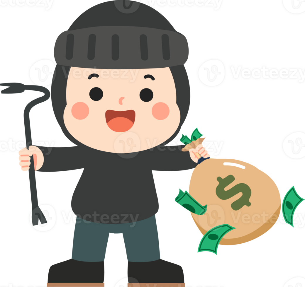 A cartoon thief holding a bag of money and a pitchfork png