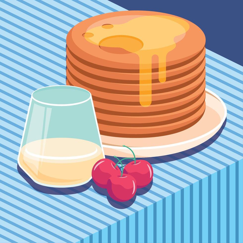 Flat Illustration Pancakes and Cherry with Milk glass vector