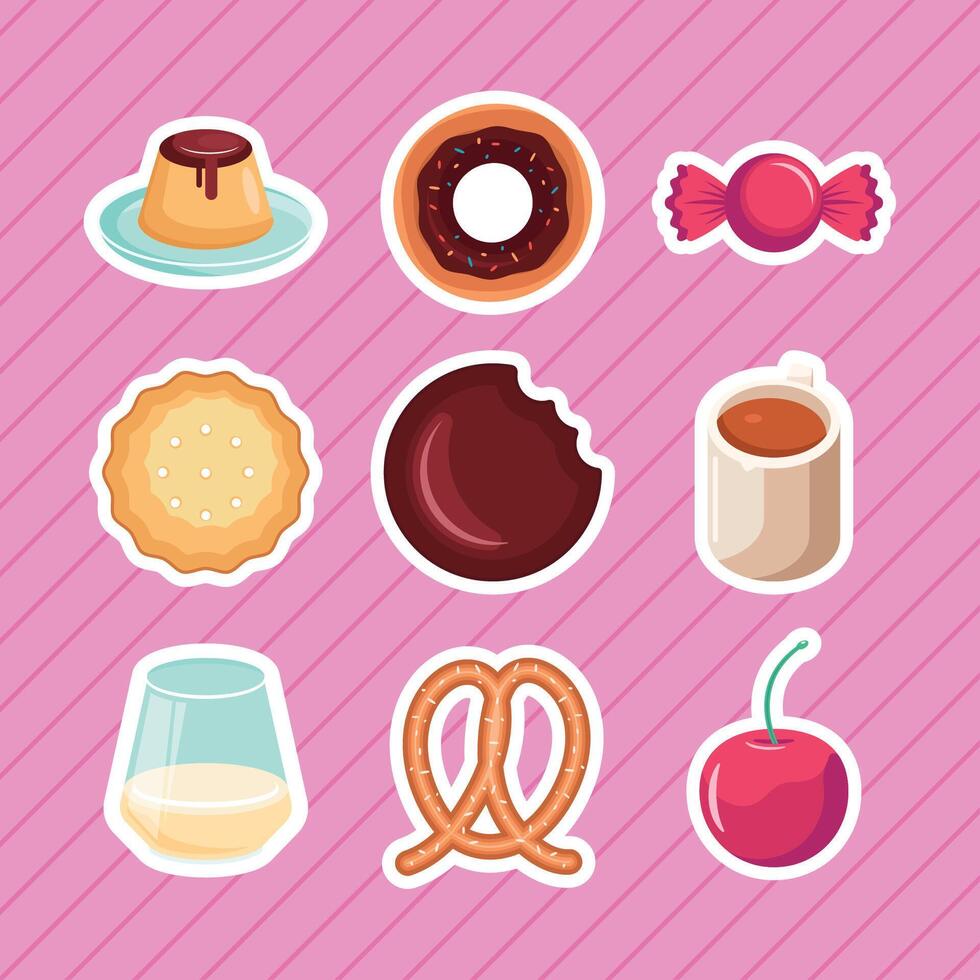 Colorful snacks and desserts on pink background vector