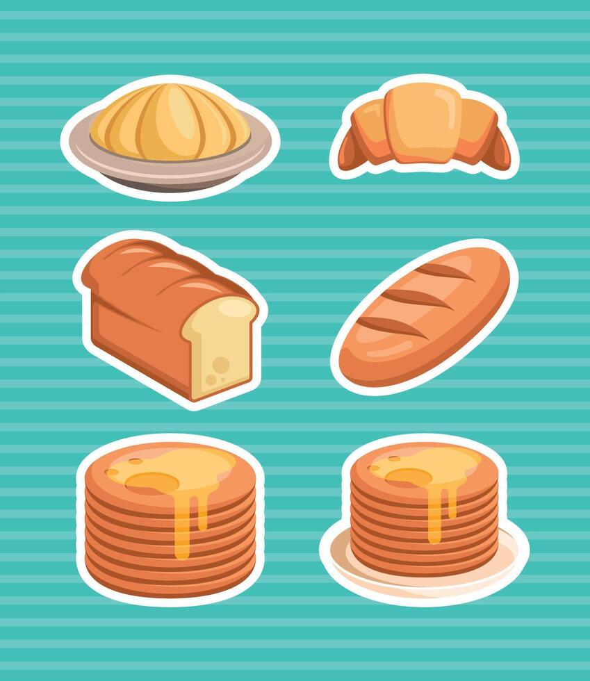 Colorful food stickers of breads and pancakes vector