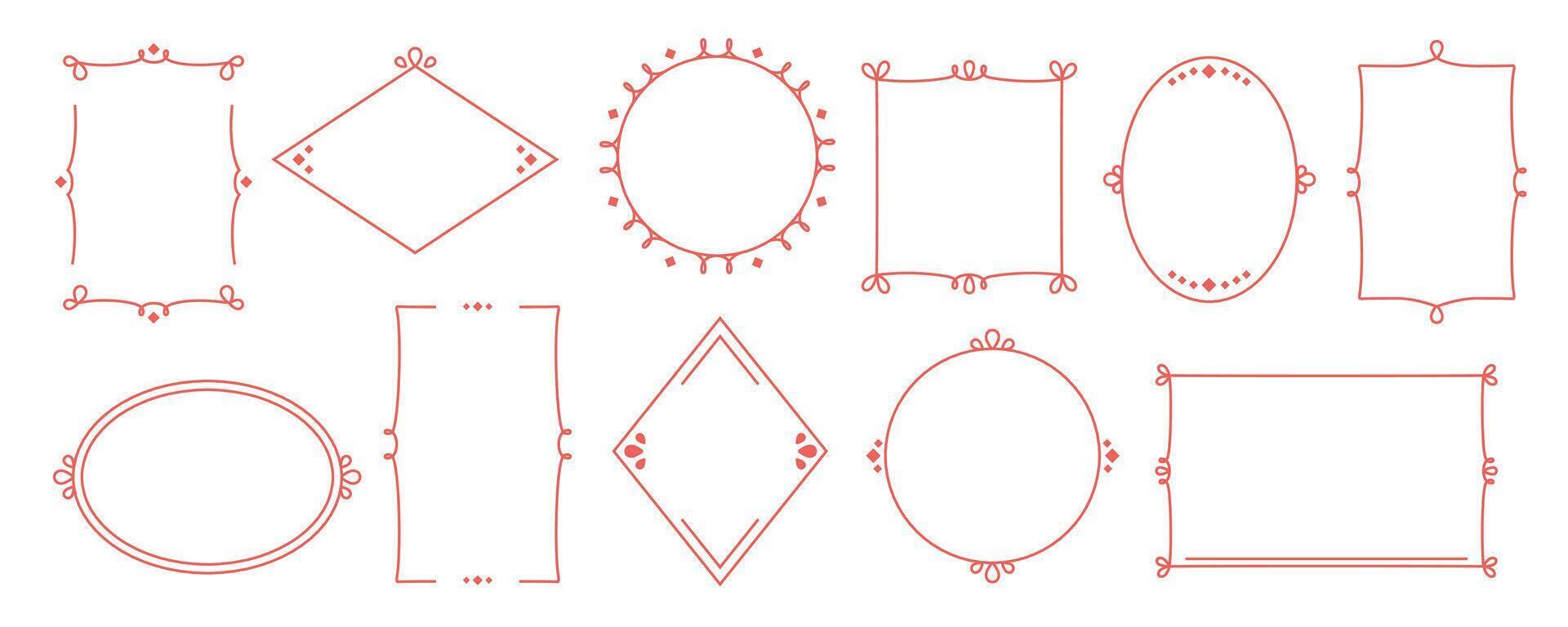 Hand drawn vintage frames. Quote box frame set. Minimalist linear borders template. Red Elegant line art borders. Text border with square, circle, rectangle, oval shape. illustration vector