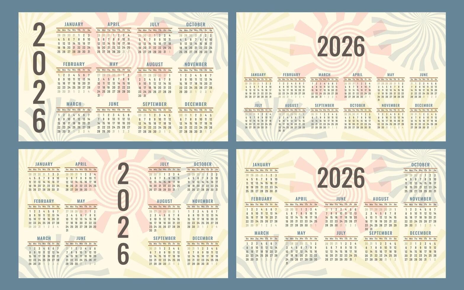 Retro 2026 calendar set. Hand drawn vintage planner with groovy 60s, 70s, 80s style. Spiral rays, wavy patterns. Horizontal layout, printable monthly pages. wall or desk template vector