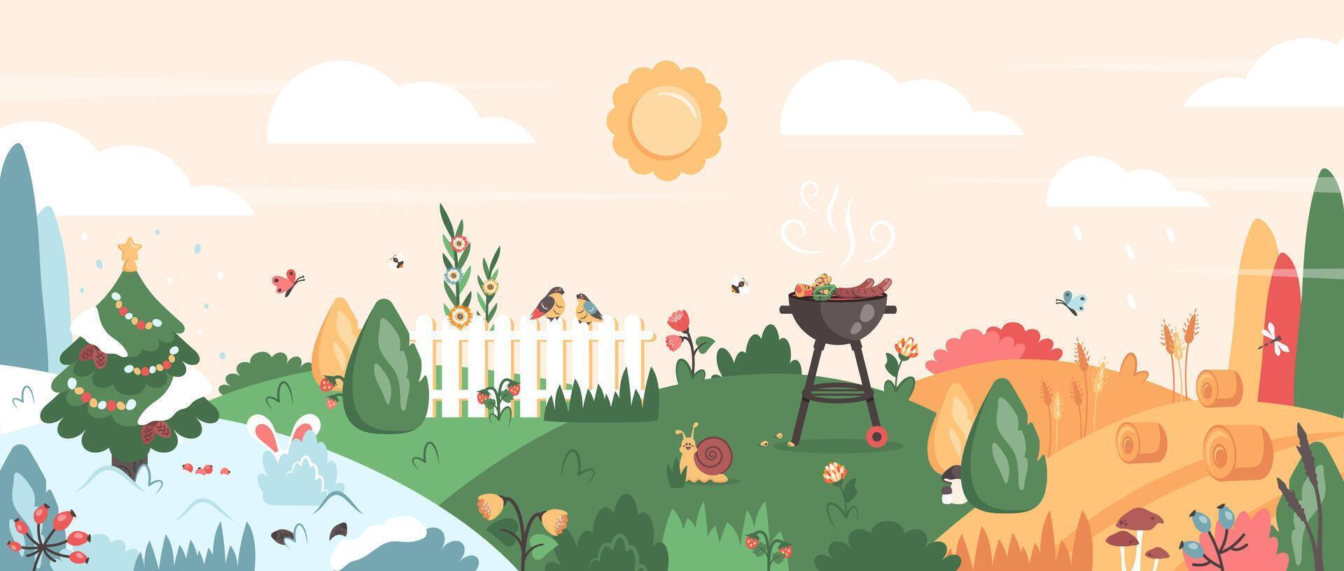 Seasonal garden with barbecue and greenery vector