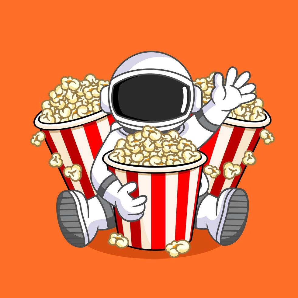 Astronaut Surrounded by Popcorn Buckets Enjoying a Movie Vectors Illustration Cartoon Design