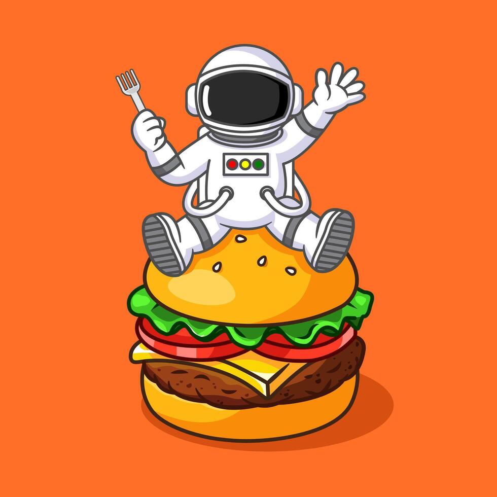 Cute Astronaut on a Giant Burger with a Fork Space Food Fun Vectors Illustration Cartoon Design