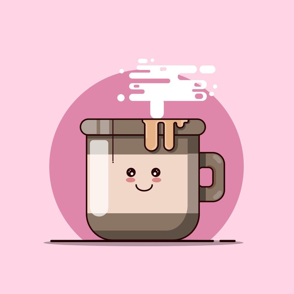 Cute Coffee Mug with Steam and Smiling Face Kawaii Vectors Illustration Cartoon Design