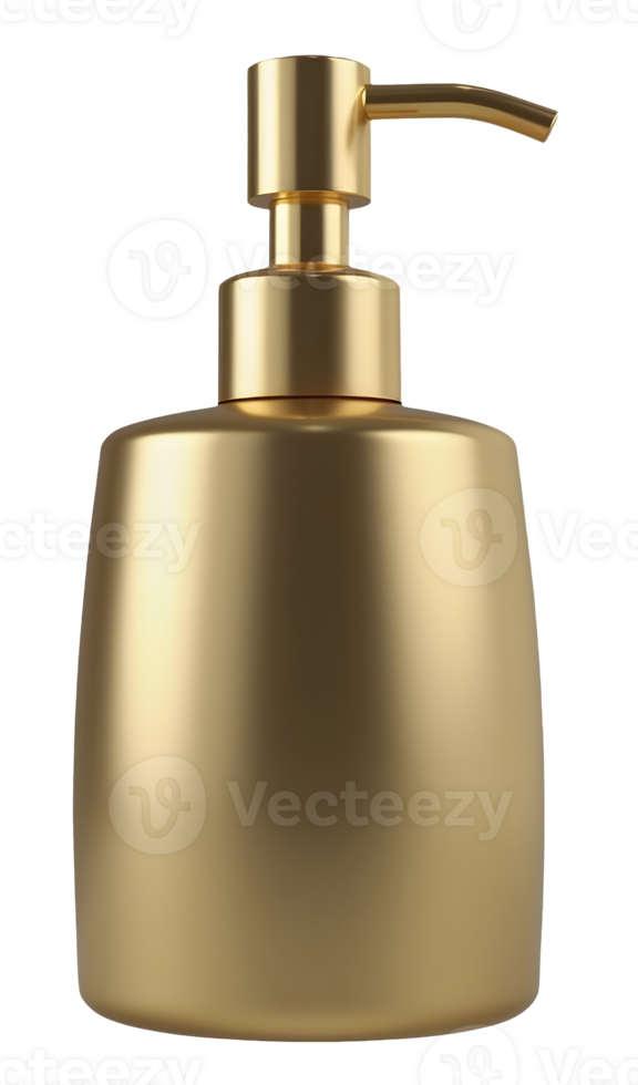 Elegant gold soap dispenser bottle. luxury bathroom accessory for modern hygiene png