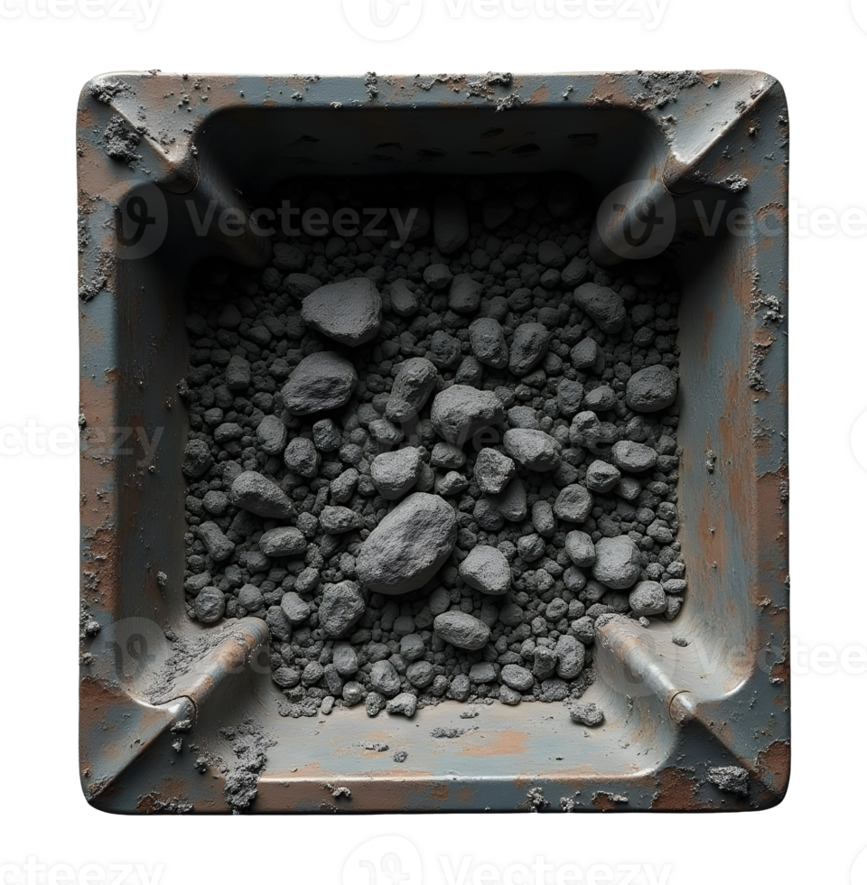 Rusty old metal container holding pile of grey stone rubble from an overhead view png