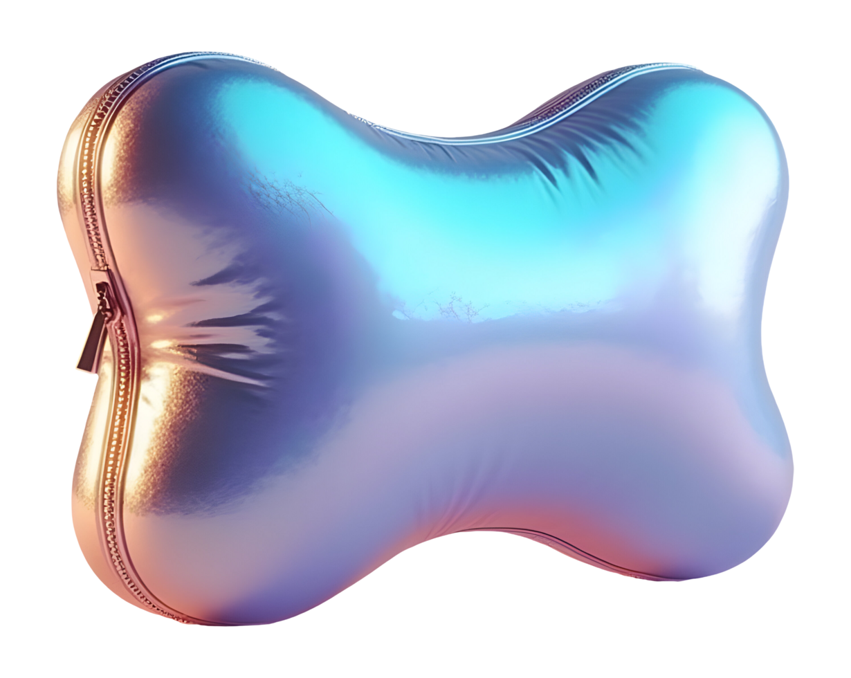 Iridescent bone shaped pillow, modern design. Playful accessory, unique home decor png