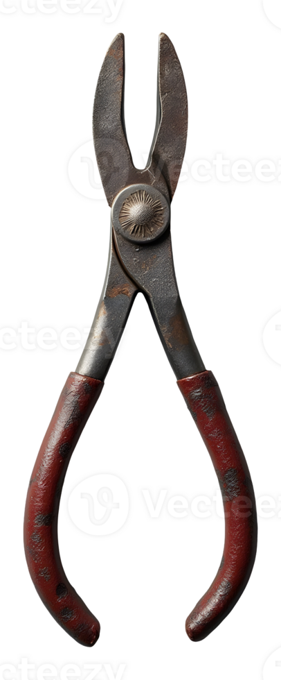 Worn rustic plier, an old metal tool with red handle and vintage cutter png