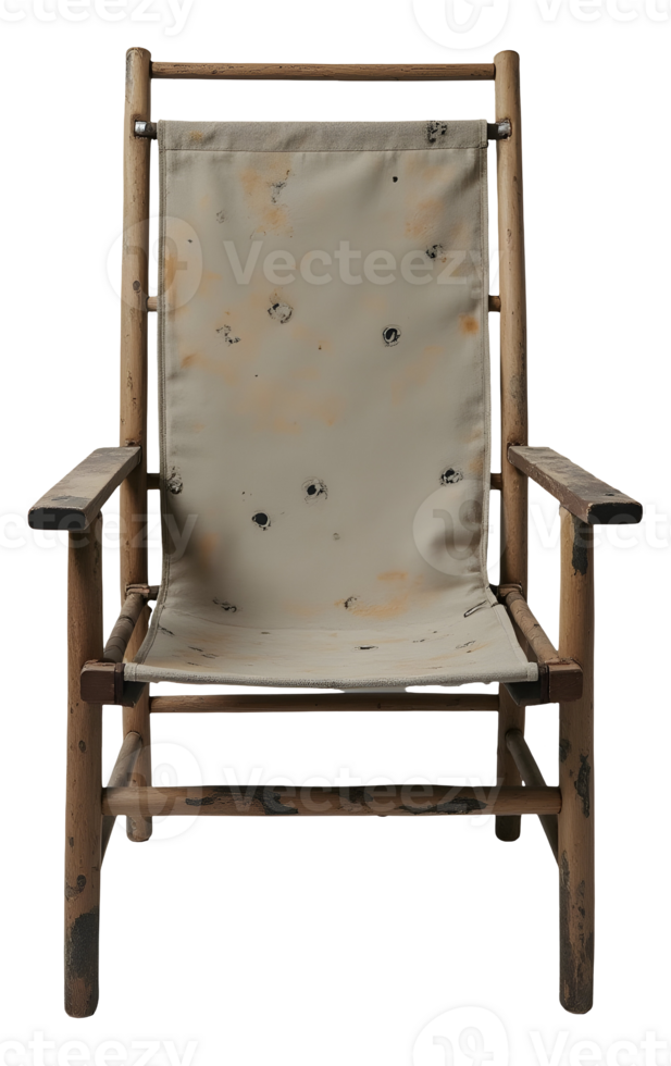 Weathered old worn camp chair, forgotten lonely wooden seat for outdoors png