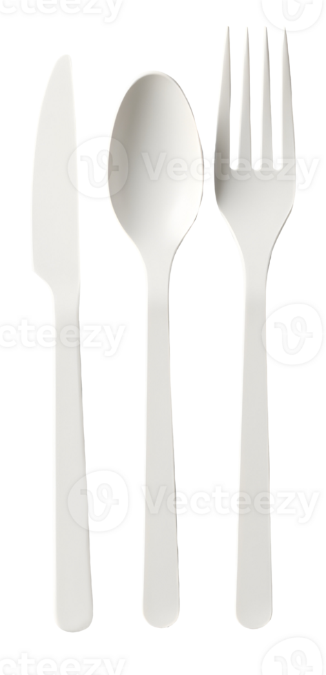 White plastic cutlery set with fork, spoon, and knife, ready for takeaway png
