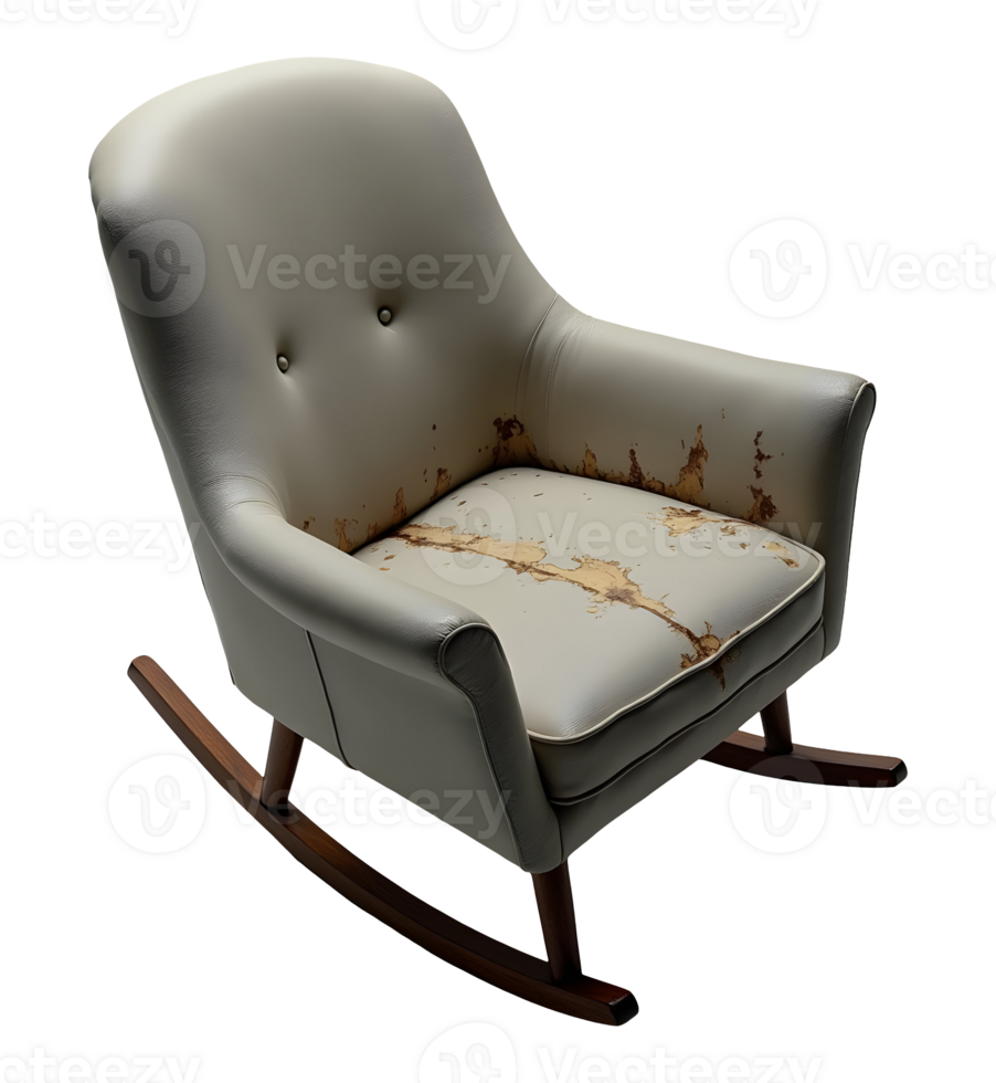 Lonely old damaged vintage rocking chair with worn white leather png