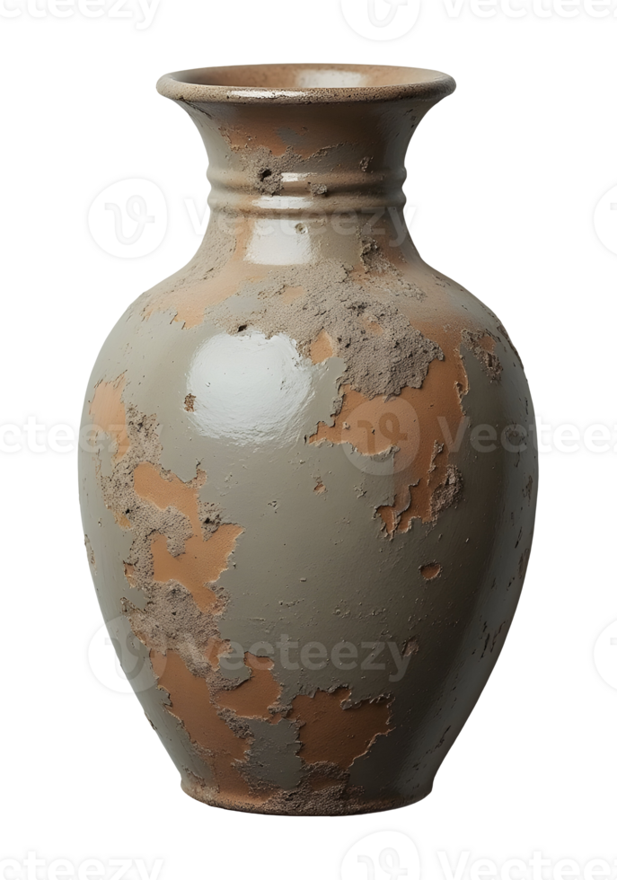Rustic aged ceramic vase with weathered, antique, and distressed feel png