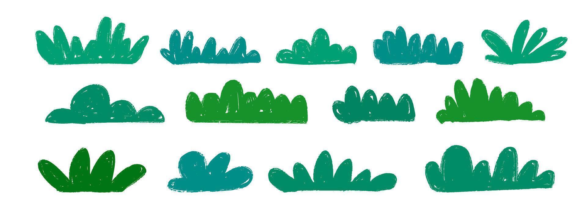 Hand drawn bushes and grass collection. Green crayon shrubbery set. Doodled shrub shapes bundle. Pencil sketched foliage elements. Scribbled cartoon greenery plant pack. vector