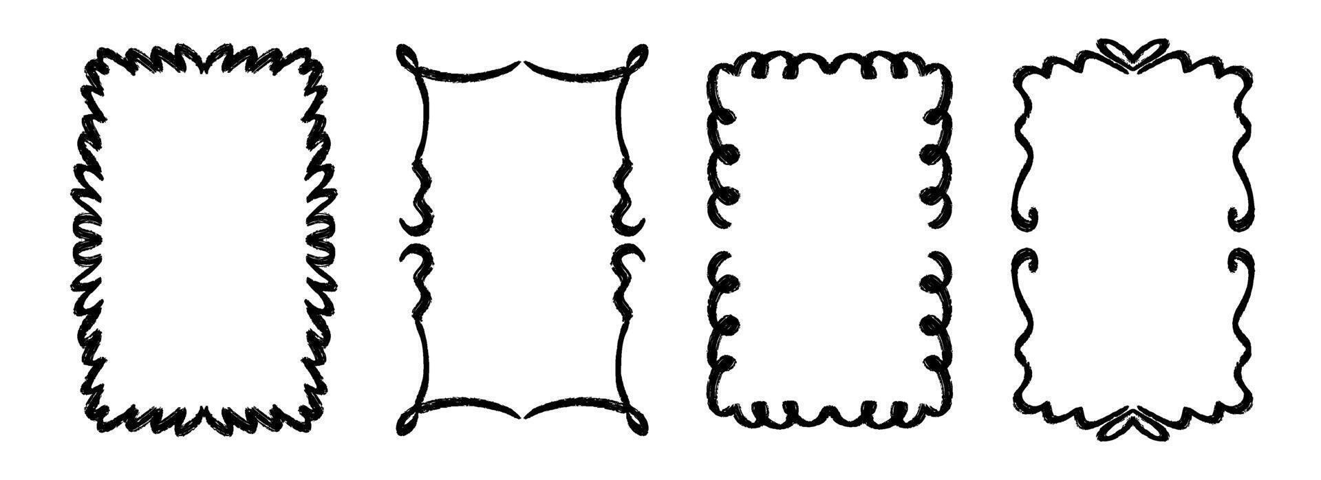 Black hand drawn wavy frame collection. Curly ribbon border set. Curved squiggly rectangle border pack for invitation, wedding party, birthday, greeting card design. Doodled cadre frames vector