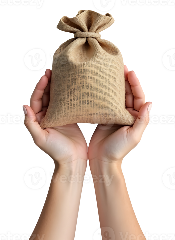 Female hands offer burlap sack filled with promise and value png