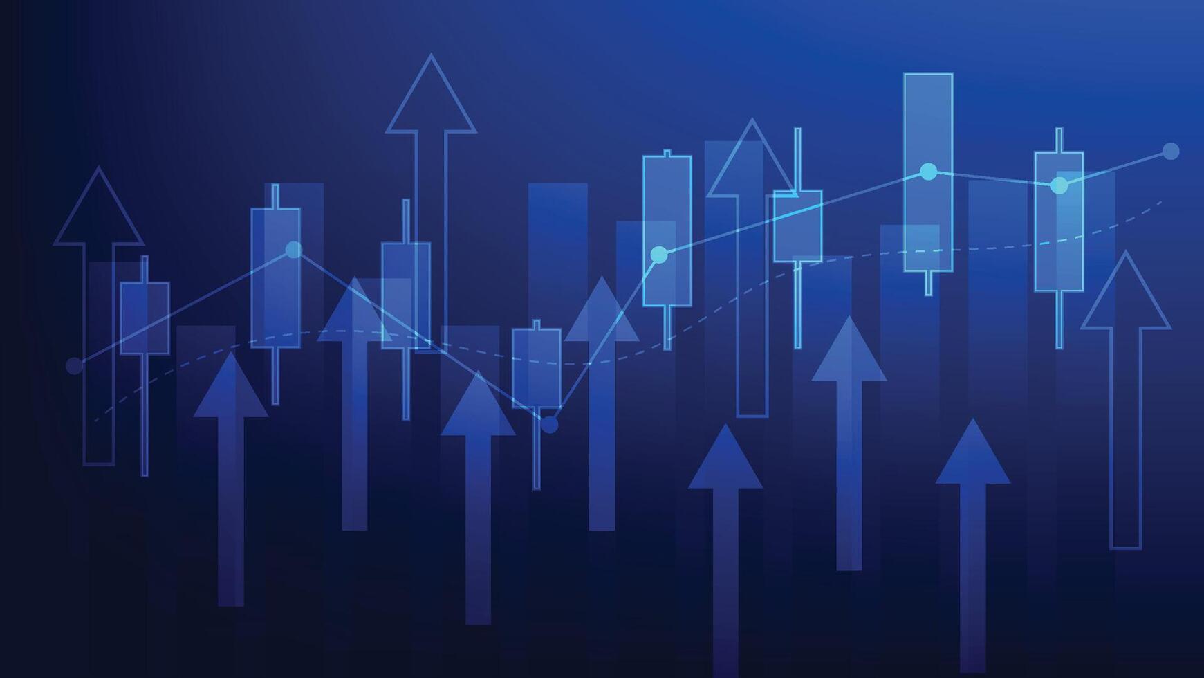 finance and business investment. stock market candlesticks chart and bar graph with uptrend arrow on blue background. economy growth and earning increase vector