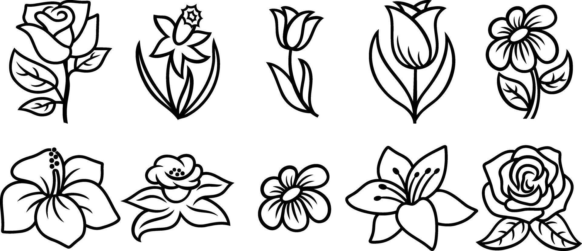 Flower clipart collection isolated. Cartoon outline set icon. vector