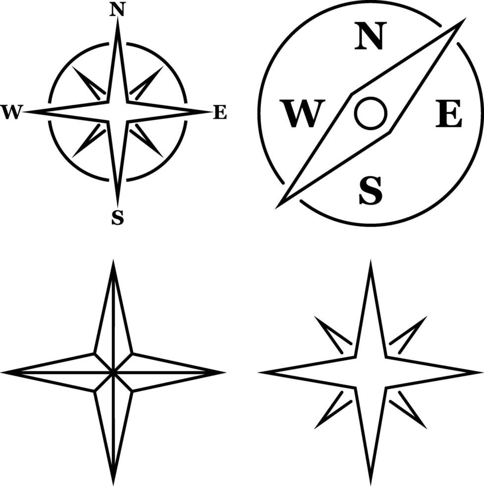 Outline wind rose retro set design isolated Compass navigation dial Sketch collection vector