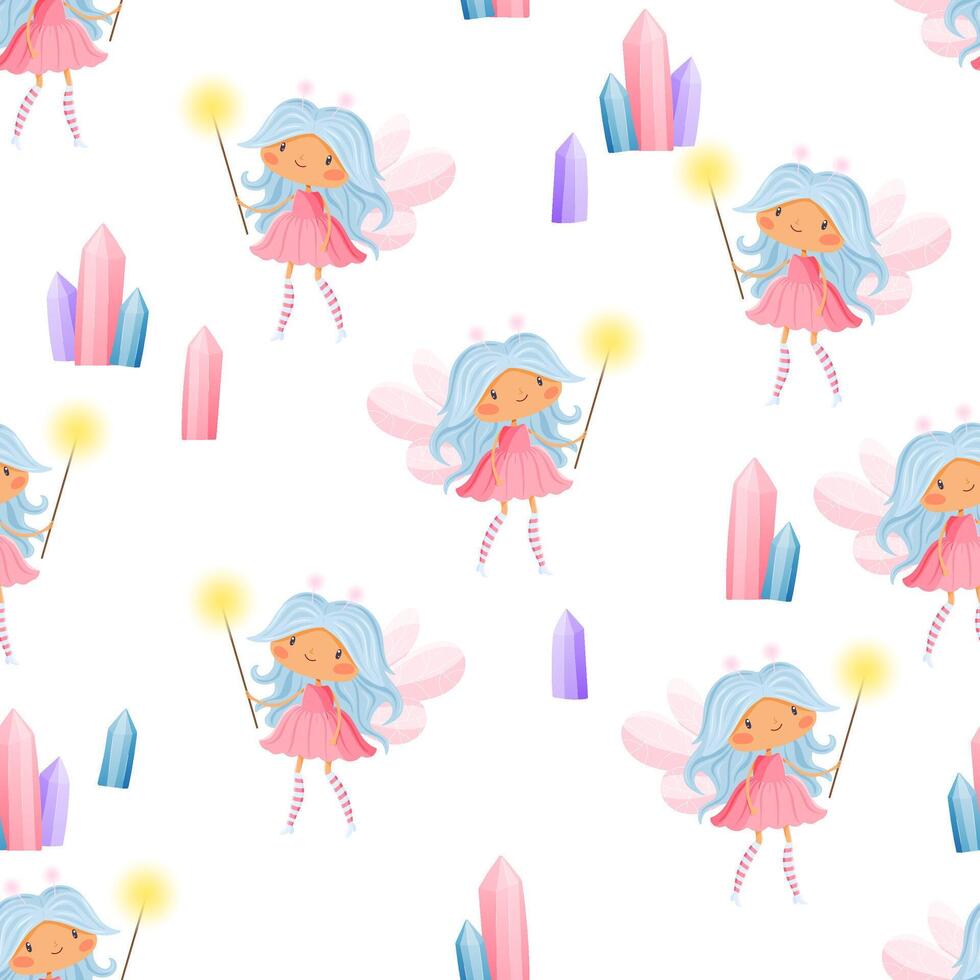 Seamless pattern with cute fairies, magic wands and colorful crystals vector