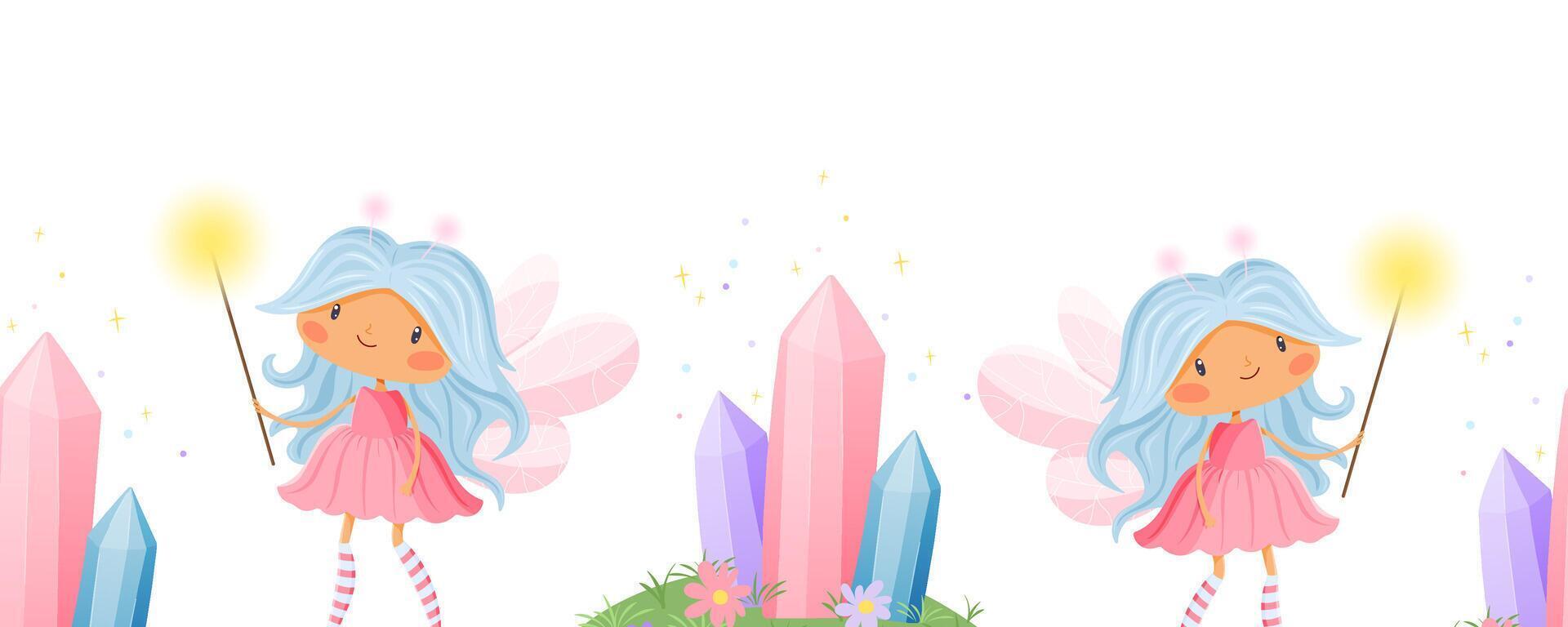 Seamless border with cute fairies, magic wands and colorful crystals vector