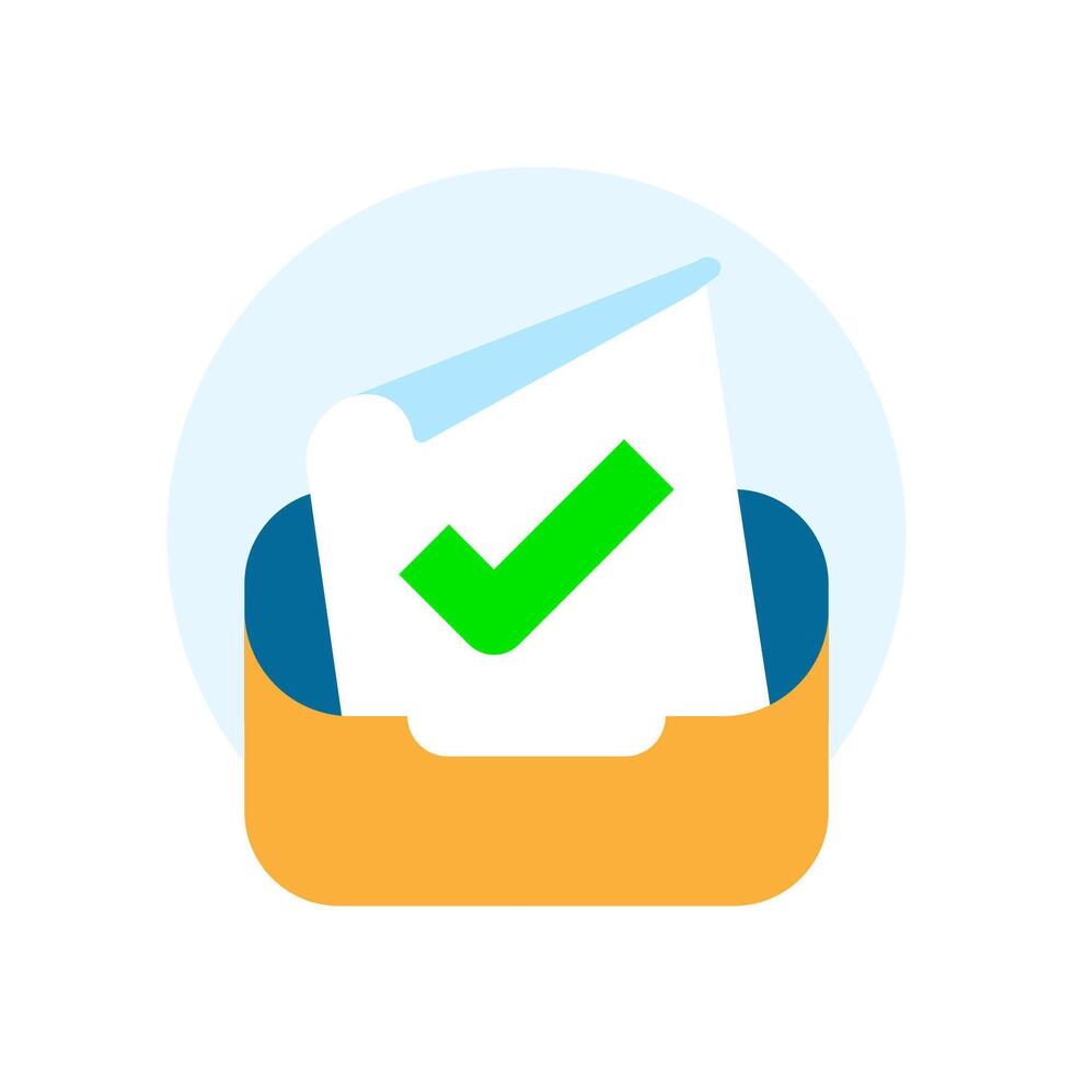 flat illustration of a document or paper, folder with a check mark icon. successful data saving, file upload complete, or information stored securely vector