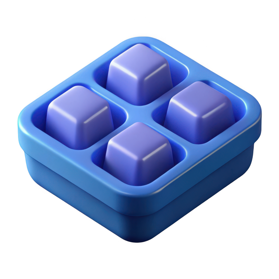 Blue ice cube tray with four purple cubes isolated on transparent background png
