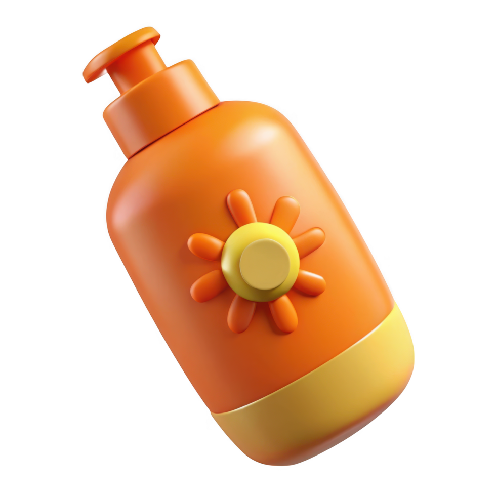 Orange sunscreen bottle with sun icon isolated on transparent background png