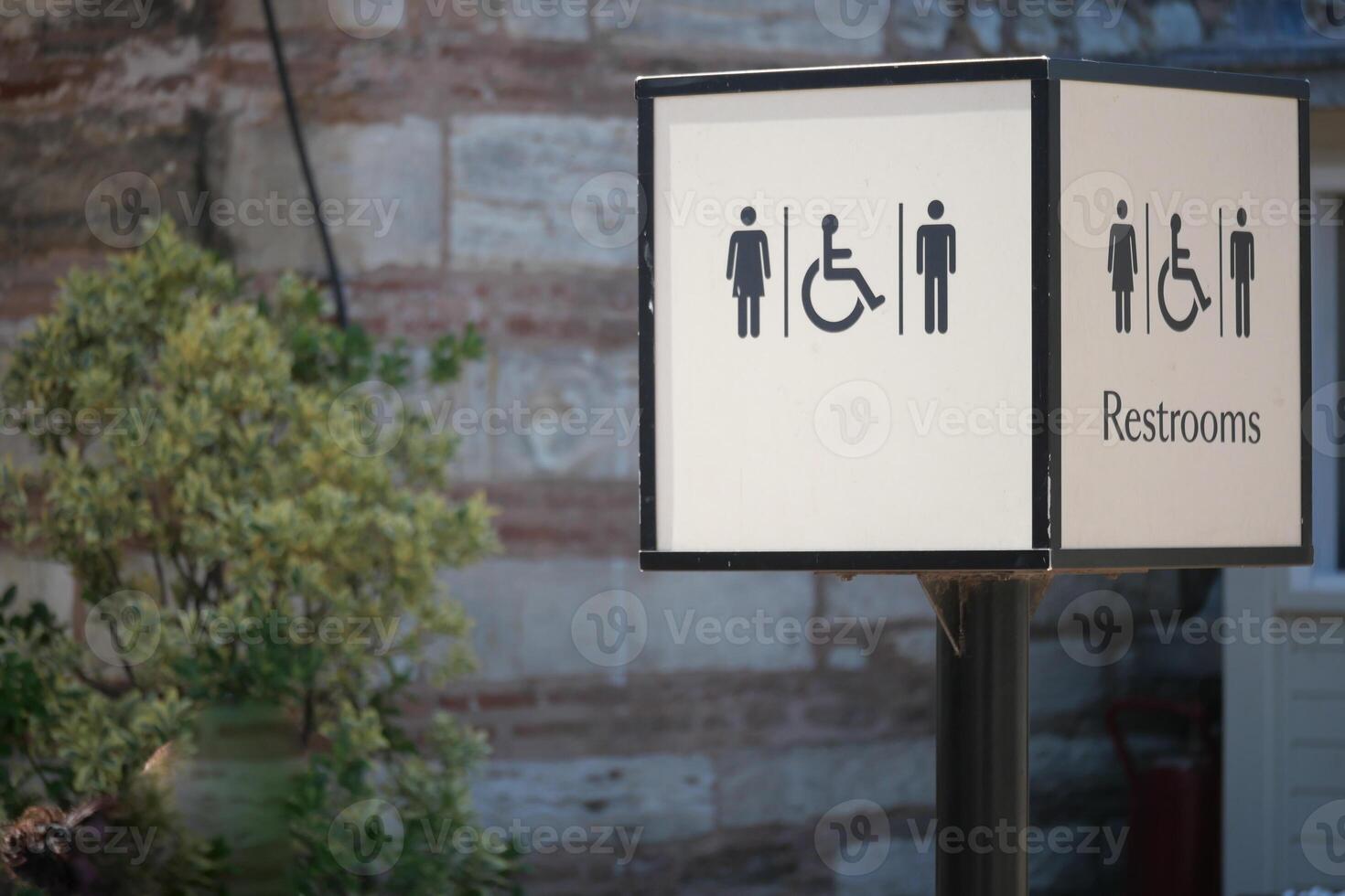Restroom signage in a public area during the day photo