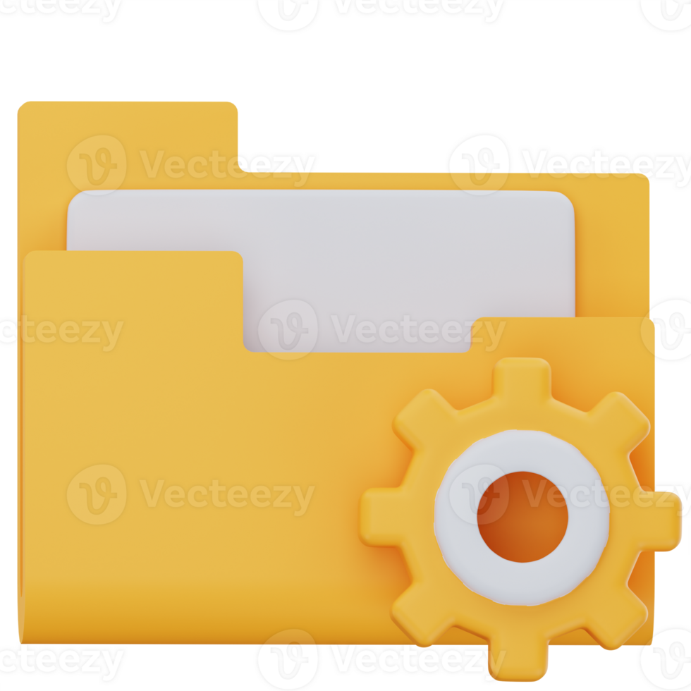 3D illustration of a yellow folder icon with a gear symbol, representing folder management, system organization, or file settings in digital environments. png