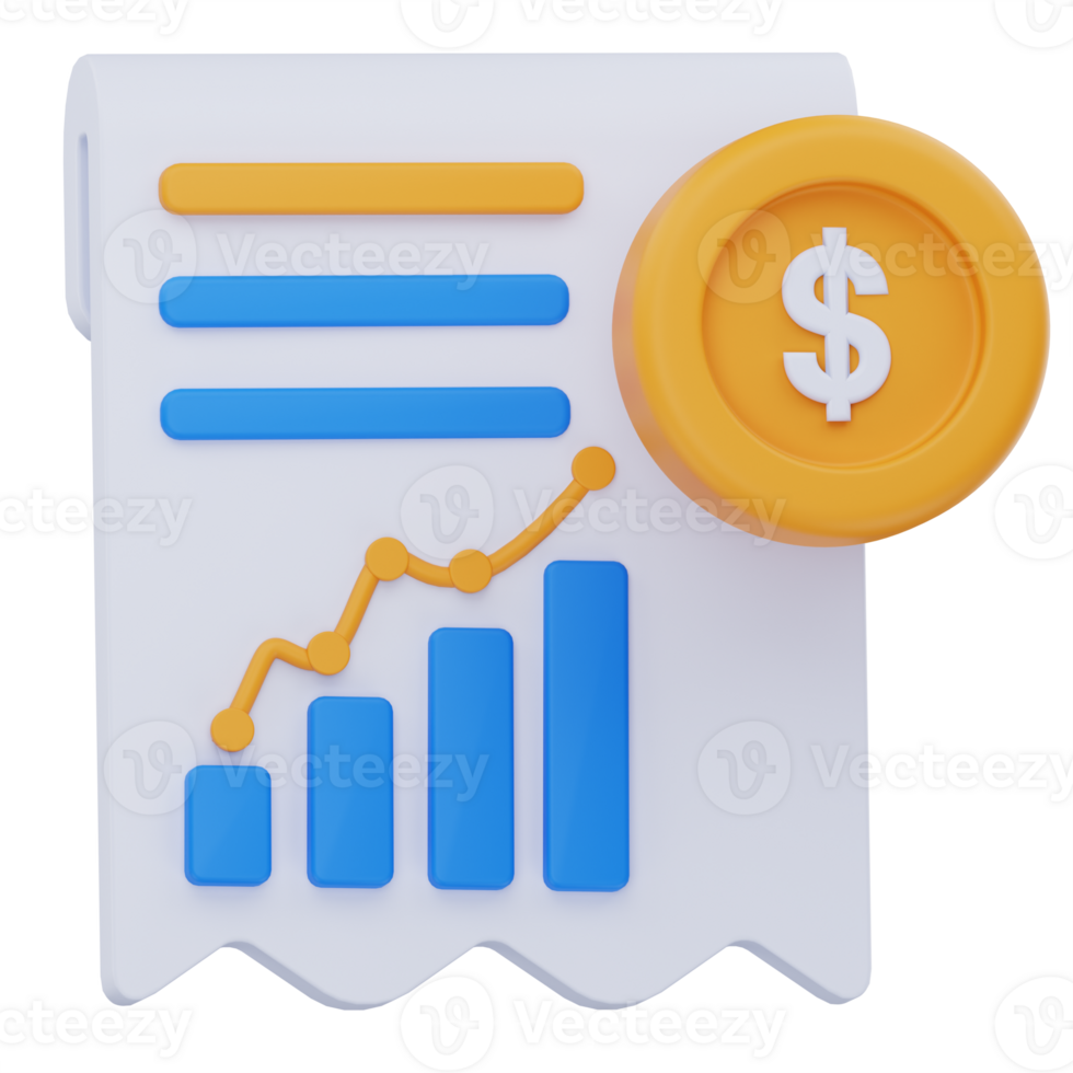 3D illustration of a financial report or receipt featuring bar and line graphs with a dollar coin, symbolizing payment analysis, transaction summary, and financial growth tracking. png